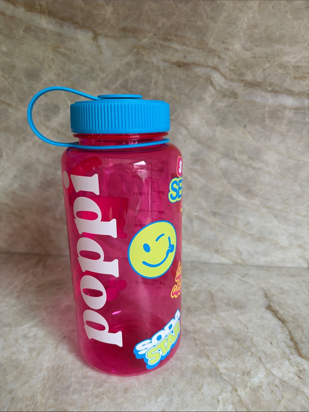 NEW Limited Edition Poppi Summer Smiley Pink Water Bottle with Blue Lid